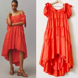 By Anthropologie SMALL off the shoulder tiered high low midi dress dark orange